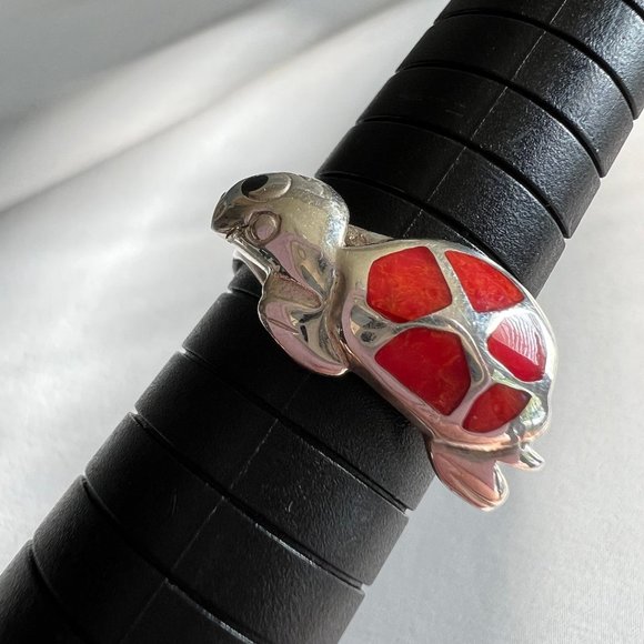 Sterling Silver Turtle Animal Red Enamel Inlay Ring Size 8 - Picture 3 of 11